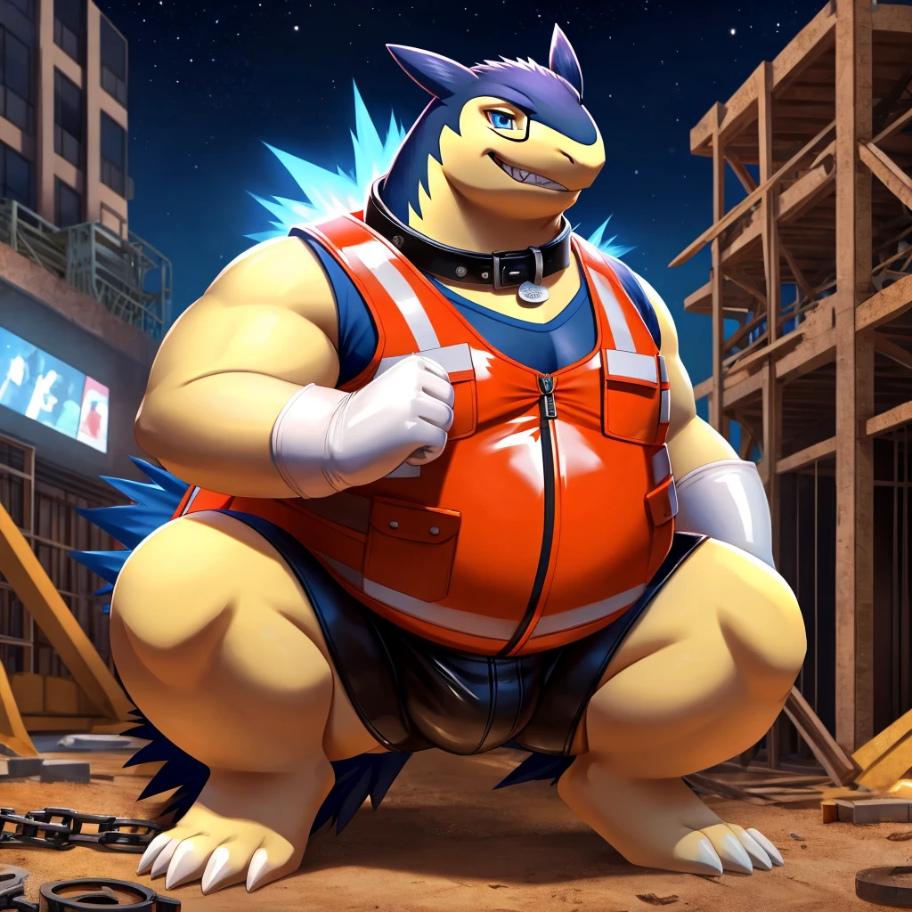 Solo, Male, fat, squatting, extremely obese, Typhlosion, blue eyes, (soft shading), 4k, hi res, ((detailed face, detailed)), looking at viewer, evil grin, construction site, safety vest, construction vest, male focus, glasses, monocle, vest with buttons, Typhlosion is wearing a glossy leather dog collar around the neck, Typhlosion is wearing the leather collar and vest at the same time, Typhlosion is wearing glossy white rubber gloves on the hands, wearing white rubber gloves on the feet, gloves are rubber in texture, clenching teeth, clenching fists, leather collar is glossy and shiny with a lot of detail, leather collar has a round dog-tag, leather collar is thick and detailed.