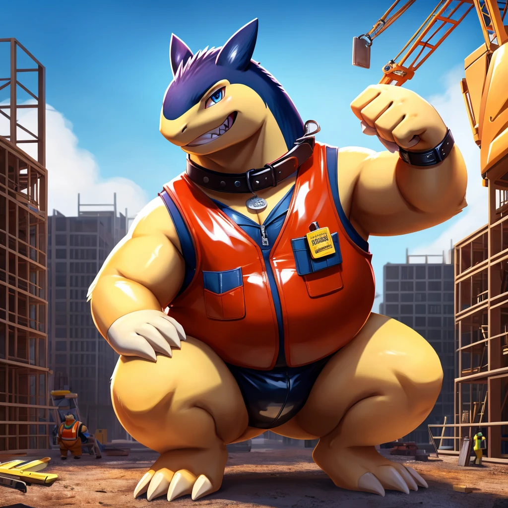 Solo, Male, fat, squatting, extremely obese, Typhlosion, blue eyes, (soft shading), 4k, hi res, ((detailed face, detailed)), looking at viewer, evil grin, construction site, safety vest, construction vest, male focus, glasses, monocle, vest with buttons, Typhlosion is wearing a glossy leather dog collar around the neck, Typhlosion is wearing the leather collar and vest at the same time, Typhlosion is wearing glossy white rubber gloves on the hands, wearing white rubber gloves on the feet, gloves are rubber in texture, clenching teeth, clenching fists, leather collar is glossy and shiny with a lot of detail, leather collar has a round dog-tag, leather collar is thick and detailed.