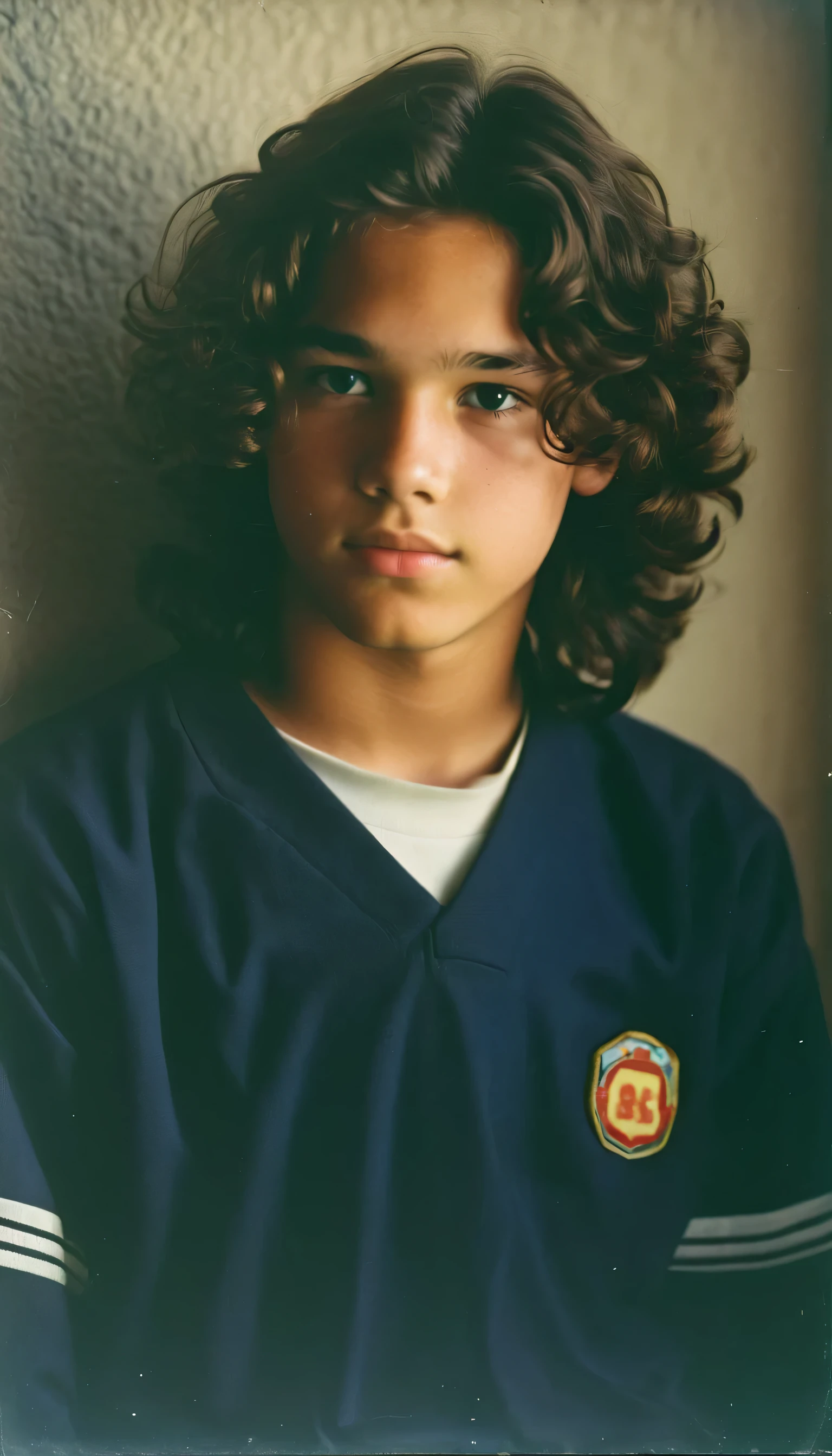 analog film photo, modern day photo of a young student, 14 years-old, male, brown-black hair, long curly hair, brown eyes, caucasian, round face, oval-shaped jawline, bulbous nose, full lips, thick eyebrows, soft features, stocky broad frame, chubby, fat, resembles a young Dean Cain, (relaxed school uniform:1.1), silhouette, backlit, split lighting, half face in shadow, RAW Photograph, dslr, hard lighting, hard shadows, high quality, film grain, Fujifilm XT3, detailed skin with visible pores, insane details, masterpiece, 8k, 35mm photograph, dslr, kodachrome, faded film, desaturated, 35mm photo, grainy, vintage, Kodachrome, Lomography, stained, highly detailed, found footage, yearbook portrait, contemporary, 2024