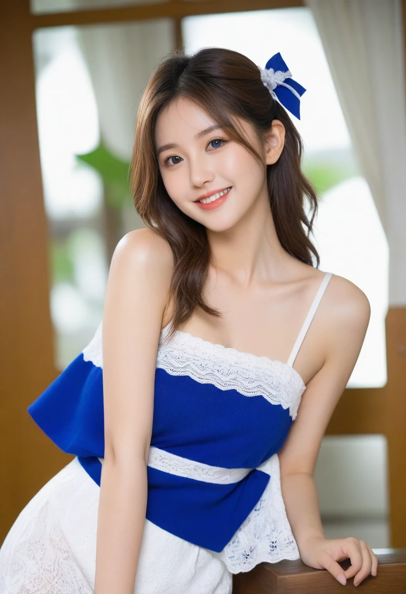 8K, Ultra-high resolution, Highest quality, masterpiece, 三分割法によるphotograph,Surreal, photograph, 1 Girl, (16 years old:1.3), pretty girl, Cute face, Beautiful eyes in every detail, In detail,masterpiece,, One Girl:1.2, Japan Female Announcer,(A very cute 20 year old young woman from Japan.),  ((Light blonde delicate hair)), ((Short hair with side waves and twin tails)),(((Slim and slender figure)))，Medium bust size､Small breasts､ (((Clean your hands)))，(curly/curly髪)，(((A very kind smile))), (((She is wearing navy blue and white lace panties.)))，(((She is wearing a navy blue and white knitted dress.))) ，((Highest quality, 16 k race, Pieces fly: 1.3)), Light on the face, Highly detailed face, Highly detailed lips, Fine grain,