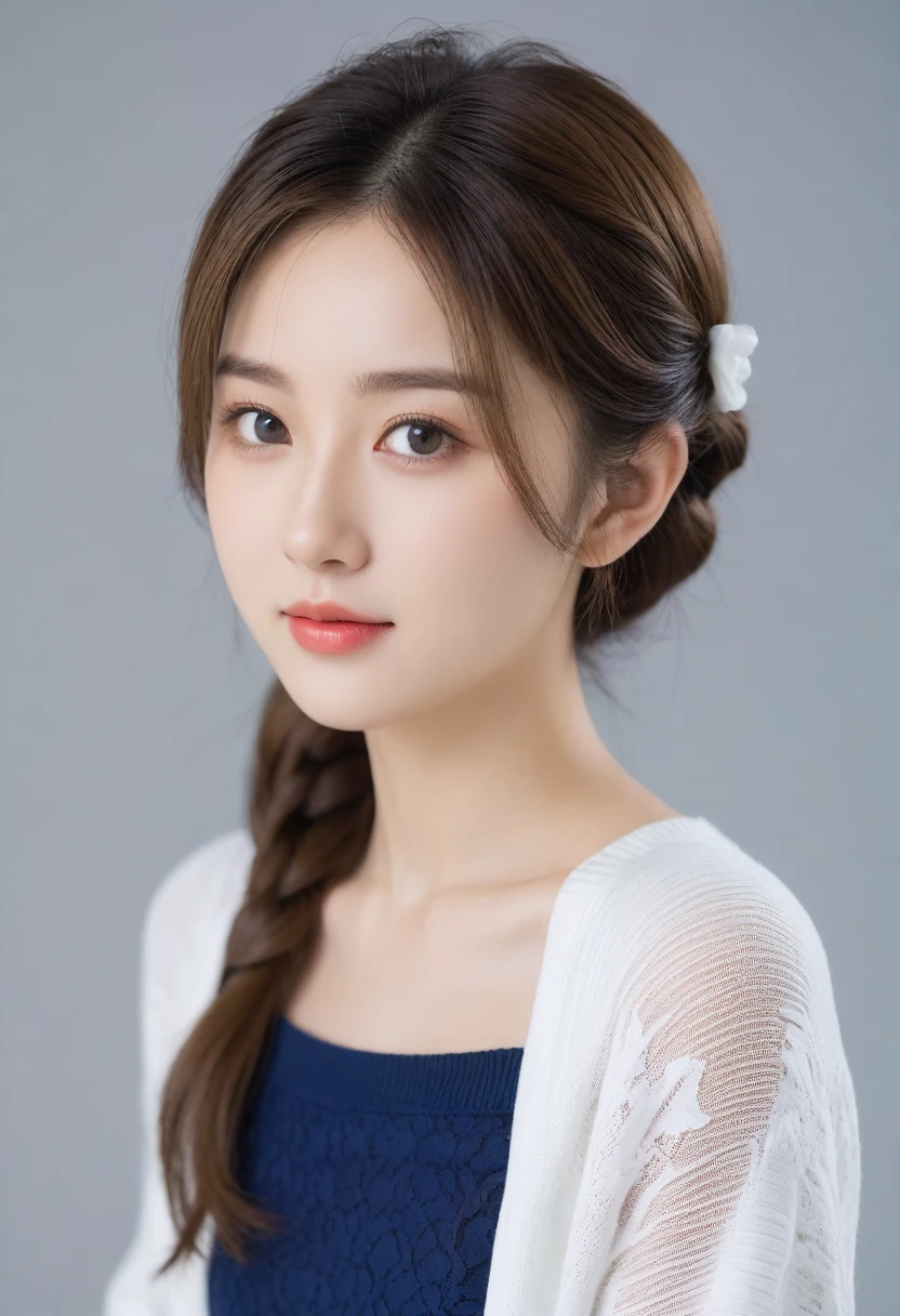 8K, Ultra-high resolution, Highest quality, masterpiece, 三分割法によるphotograph,Surreal, photograph, 1 Girl, (:1.3), pretty girl, Cute face, Beautiful eyes in every detail, In detail,masterpiece,, One Girl:1.2, Japan Female Announcer,(A very cute 20 year old young woman from Japan.), ((Light blonde delicate hair)), ((Short hair with side waves and twin tails)),(((Slim and slender figure))),Medium bust size、Small breasts、 (((Clean your hands))),(curly/curly髪),(((A very kind smile))), (((She is wearing navy blue and white lace panties.))),(((She is wearing a navy blue and white knitted dress.))) ,((Highest quality, 16 k race, Pieces fly: 1.3)), Light on the face, Highly detailed face, Highly detailed lips, Fine grain,