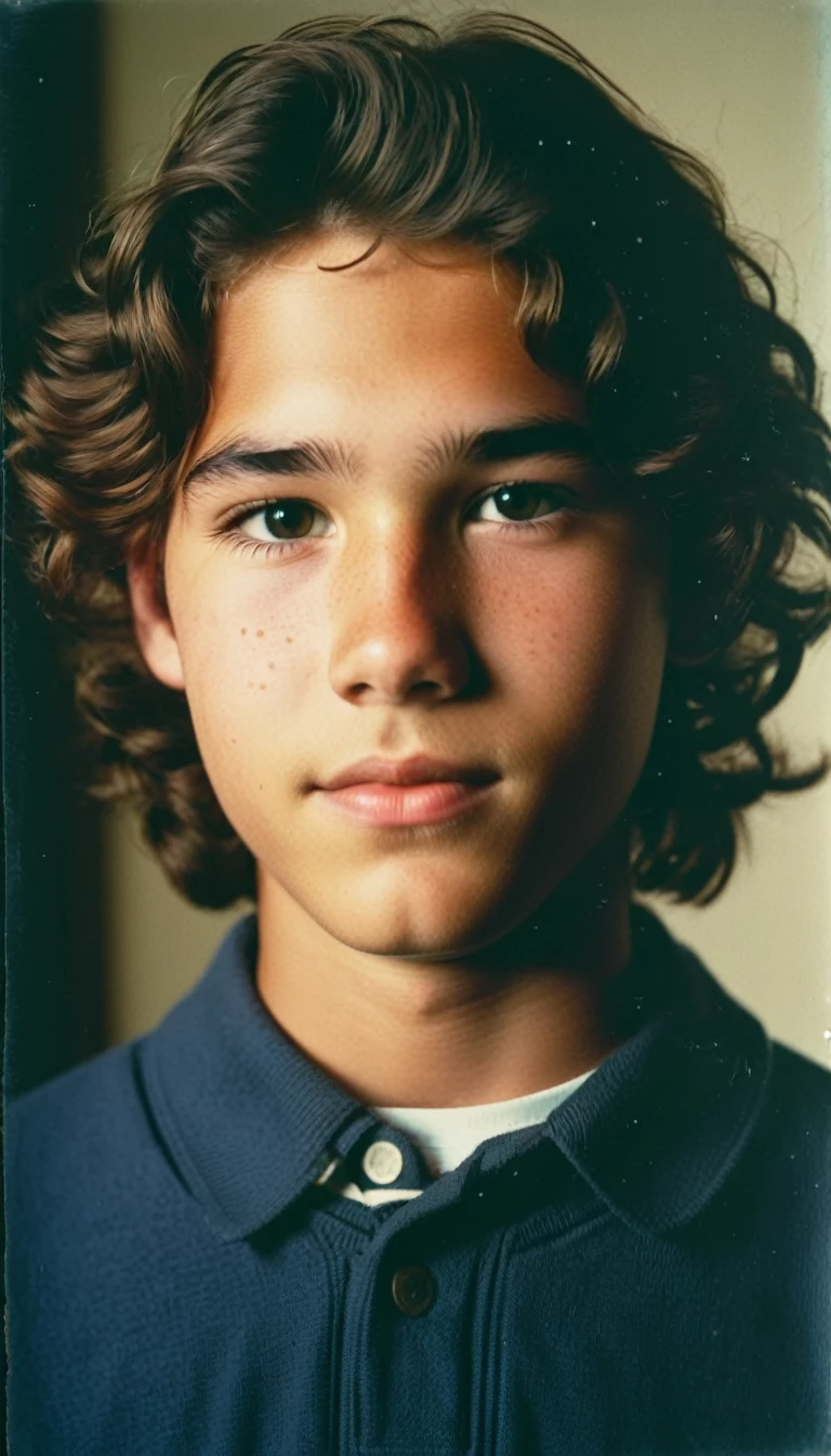 analog film photo, modern day photo of a young student, 14 years-old, male, brown-black hair, long curly hair, brown eyes, caucasian, round face, oval-shaped jawline, bulbous nose, full lips, thick eyebrows, soft features, stocky broad frame, chubby, fat, resembles a young Dean Cain, (relaxed school uniform:1.1), silhouette, backlit, split lighting, half face in shadow, RAW Photograph, dslr, hard lighting, hard shadows, high quality, film grain, Fujifilm XT3, detailed skin with visible pores, insane details, masterpiece, 8k, 35mm photograph, dslr, kodachrome, faded film, desaturated, 35mm photo, grainy, vintage, Kodachrome, Lomography, stained, highly detailed, found footage, yearbook portrait, contemporary, 2024