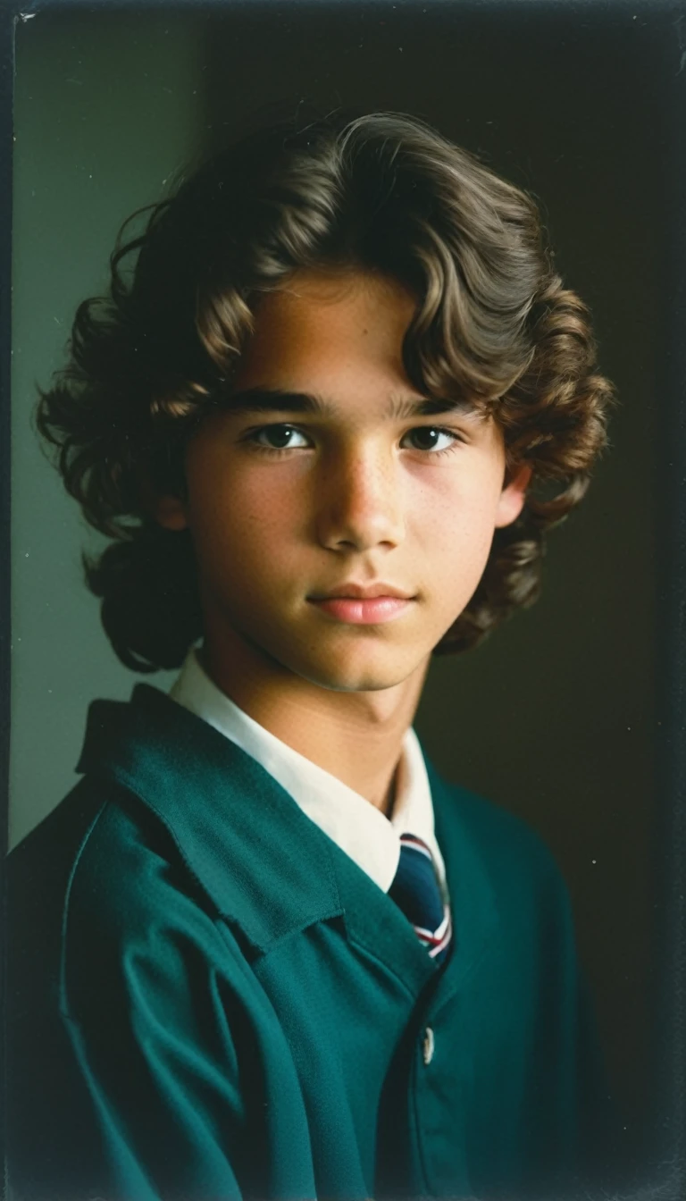 analog film photo, modern day photo of a young student, -old, malbrown-black hair, long curly hair, brown eyes, caucasian, round face, oval-shaped jawline, bulbous nose, full lips, thick eyebrows, soft features, stocky broad frame, chubby, fat, resembles a young Dean Cain, (relaxed school uniform:1.1), silhouette, backlit, split lighting, half face in shadow, RAW Photograph, dslr, hard lighting, hard shadows, high quality, film grain, Fujifilm XT3, detailed skin with visible pores, insane details, masterpiece, 8k, 35mm photograph, dslr, kodachrome, faded film, desaturated, 35mm photo, grainy, vintage, Kodachrome, Lomography, stained, highly detailed, found footage, yearbook portrait, contemporary, 2024