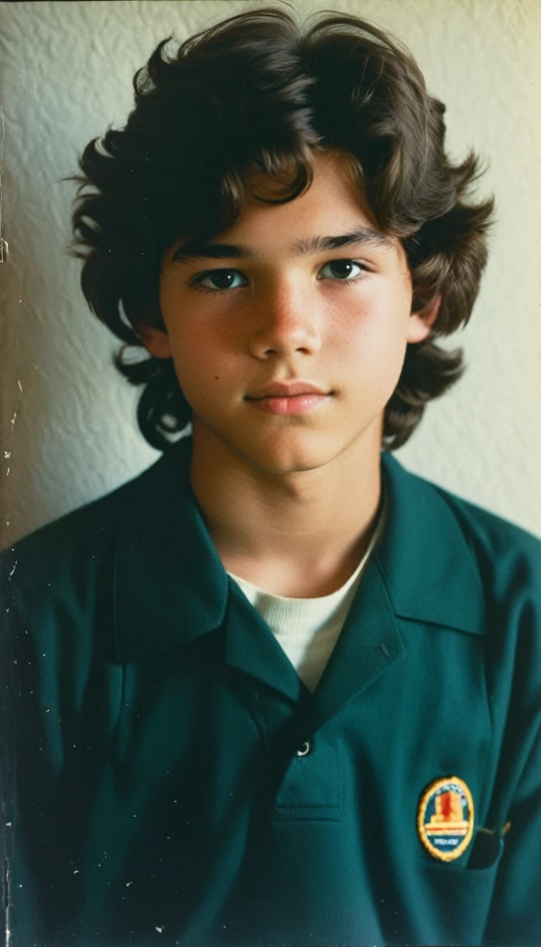 analog film photo, modern day photo of a young student, 14 years-old, male, brown-black hair, long curly hair, brown eyes, caucasian, round face, oval-shaped jawline, bulbous nose, full lips, thick eyebrows, soft features, stocky broad frame, chubby, fat, resembles a young Dean Cain, (relaxed school uniform:1.1), silhouette, backlit, split lighting, half face in shadow, RAW Photograph, dslr, hard lighting, hard shadows, high quality, film grain, Fujifilm XT3, detailed skin with visible pores, insane details, masterpiece, 8k, 35mm photograph, dslr, kodachrome, faded film, desaturated, 35mm photo, grainy, vintage, Kodachrome, Lomography, stained, highly detailed, found footage, yearbook portrait, contemporary, 2024