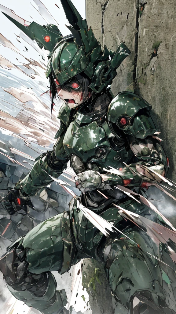 Rough skin, Very detailed, Advanced Details, high quality, 最high quality, High resolution, 1080P 、Bleeding from the wound、Sexy Eyes、Wearing green and black、cute((The whole body is sweating))(Equipped with a damaged battle suit....)(Dark green armor)(Broken Armor)Black Hair、Chiquita、short hair、Open your mouth、Painful expression、It hurts again、Healthy Skin、20-year-old female　defeat　(Steam coming out of the face) ((Steam from the body)) 　Unable to fight　Severe attacks　((I was thrown against a wall and my headgear broke.　)) Debris flying away　bare hands　Armor Stripping