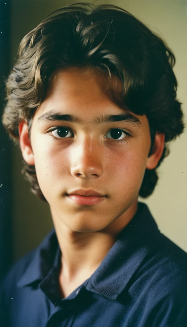 analog film photo, modern day photo of a young student, 14 years-old, male, brown-black hair, long curly hair, brown eyes, caucasian, round face, oval-shaped jawline, bulbous nose, full lips, thick eyebrows, soft features, stocky broad frame, chubby, fat, resembles a young Dean Cain, (relaxed school uniform:1.1), silhouette, backlit, split lighting, half face in shadow, RAW Photograph, dslr, hard lighting, hard shadows, high quality, film grain, Fujifilm XT3, detailed skin with visible pores, insane details, masterpiece, 8k, 35mm photograph, dslr, kodachrome, faded film, desaturated, 35mm photo, grainy, vintage, Kodachrome, Lomography, stained, highly detailed, found footage, yearbook portrait, contemporary, 2024