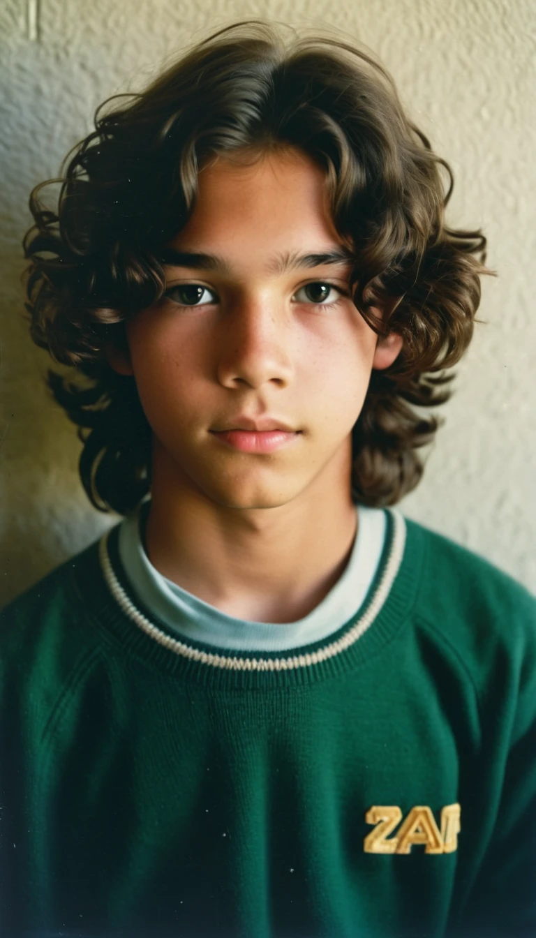 analog film photo, modern day photo of a young student, 14 years-old, male, brown-black hair, long curly hair, brown eyes, caucasian, round face, oval-shaped jawline, bulbous nose, full lips, thick eyebrows, soft features, stocky broad frame, chubby, fat, resembles a young Dean Cain, (relaxed school uniform:1.1), silhouette, backlit, split lighting, half face in shadow, RAW Photograph, dslr, hard lighting, hard shadows, high quality, film grain, Fujifilm XT3, detailed skin with visible pores, insane details, masterpiece, 8k, 35mm photograph, dslr, kodachrome, faded film, desaturated, 35mm photo, grainy, vintage, Kodachrome, Lomography, stained, highly detailed, found footage, yearbook portrait, contemporary, 2024