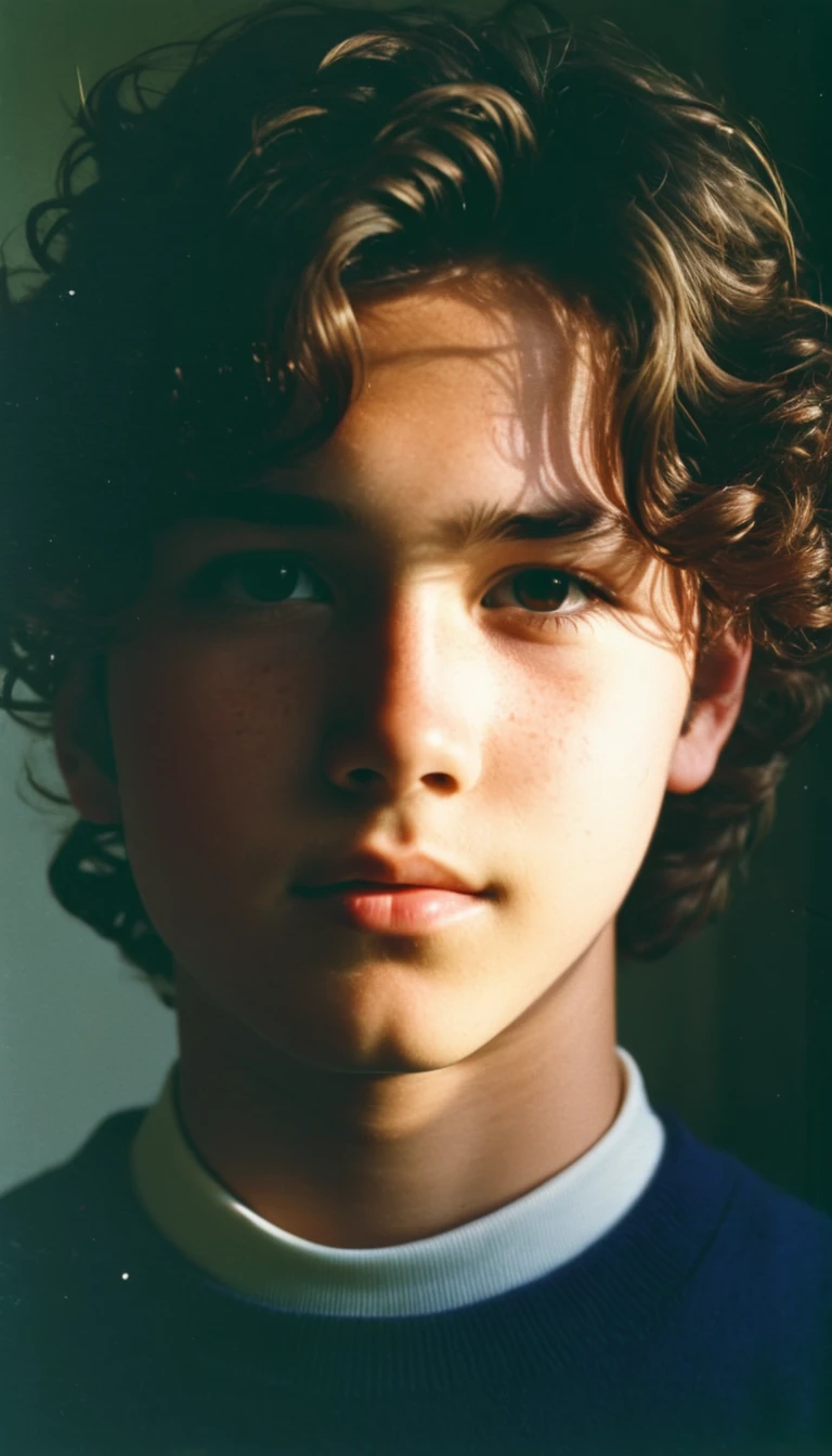 analog film photo, modern day photo of a young student, 14 years-old, male, brown-black hair, long curly hair, brown eyes, caucasian, round face, oval-shaped jawline, bulbous nose, full lips, thick eyebrows, soft features, stocky broad frame, chubby, fat, resembles a young Dean Cain, (relaxed school uniform:1.1), silhouette, backlit, split lighting, half face in shadow, RAW Photograph, dslr, hard lighting, hard shadows, high quality, film grain, Fujifilm XT3, detailed skin with visible pores, insane details, masterpiece, 8k, 35mm photograph, dslr, kodachrome, faded film, desaturated, 35mm photo, grainy, vintage, Kodachrome, Lomography, stained, highly detailed, found footage, yearbook portrait, contemporary, 2024