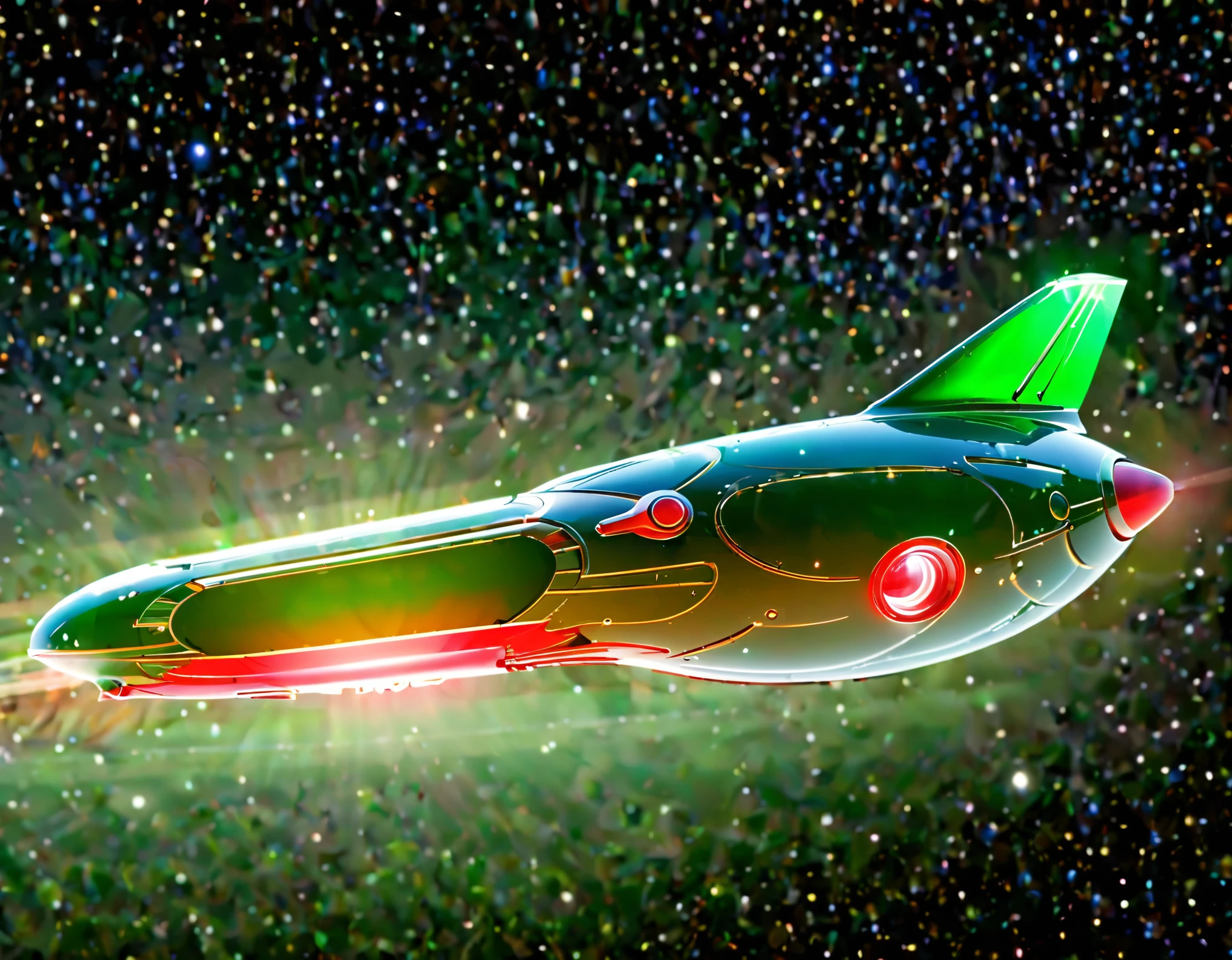 An advanced starship traveling through space, set against a gradient sky of dark green to red with tiny stars. The ship’s sleek design includes a prominent circular front, elongated body, and nacelles, with a metallic finish and bright lights accentuating its futuristic look.