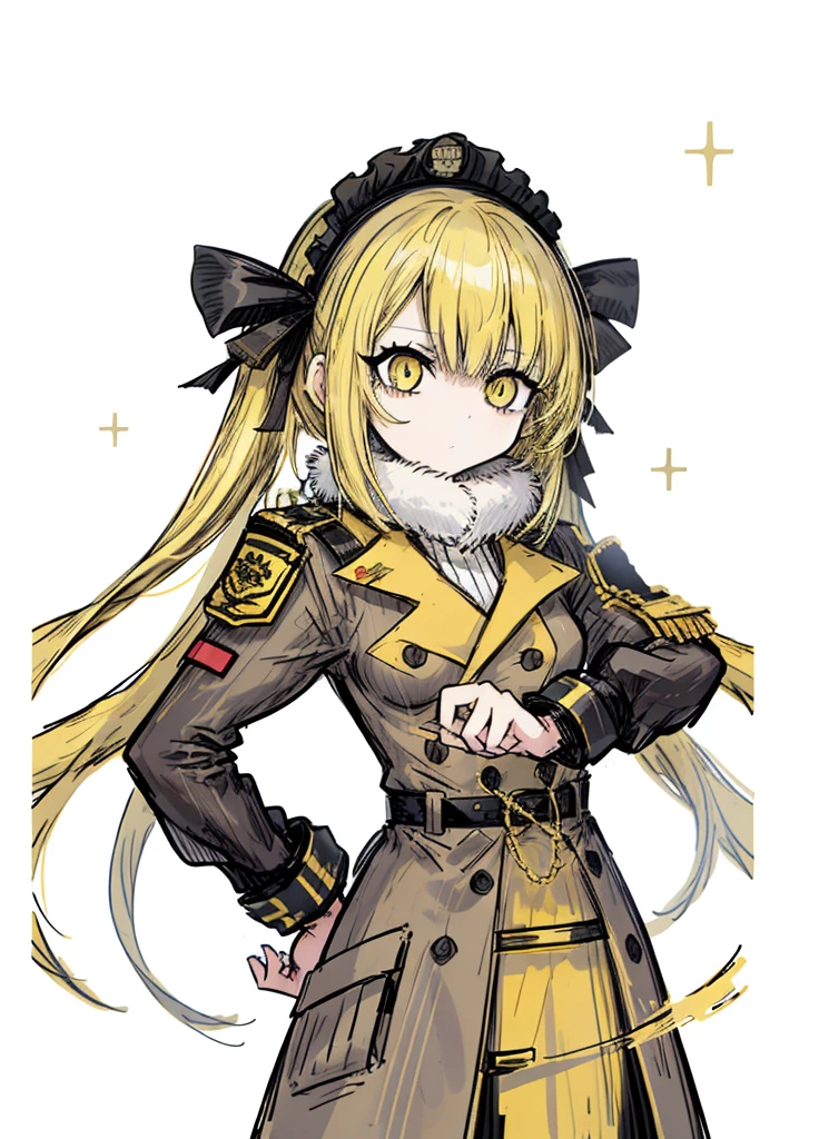1girl, yellow eyes, yellow hair, bangs,short hair, long pigtails,hair between eyes , diana,(high resolution, high detail, best quality), annoying, believed, military,flat breasts