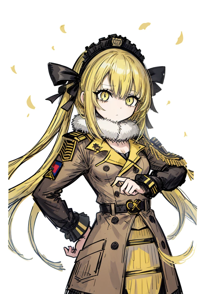 1girl, yellow eyes, yellow hair, bangs,short hair, long pigtails,hair between eyes , diana,(high resolution, high detail, best quality), annoying, believed, military,flat breasts