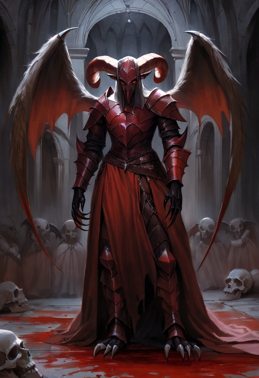 a goat-headed demon with large horns, strong and strong upper body, demon skins, skins, ((claws, wings)), demonic armor, blood splatters, skulls on the ground, standing in a blood ritual, medieval, dark room, dim light, masterpiece, realistic, oil painting
