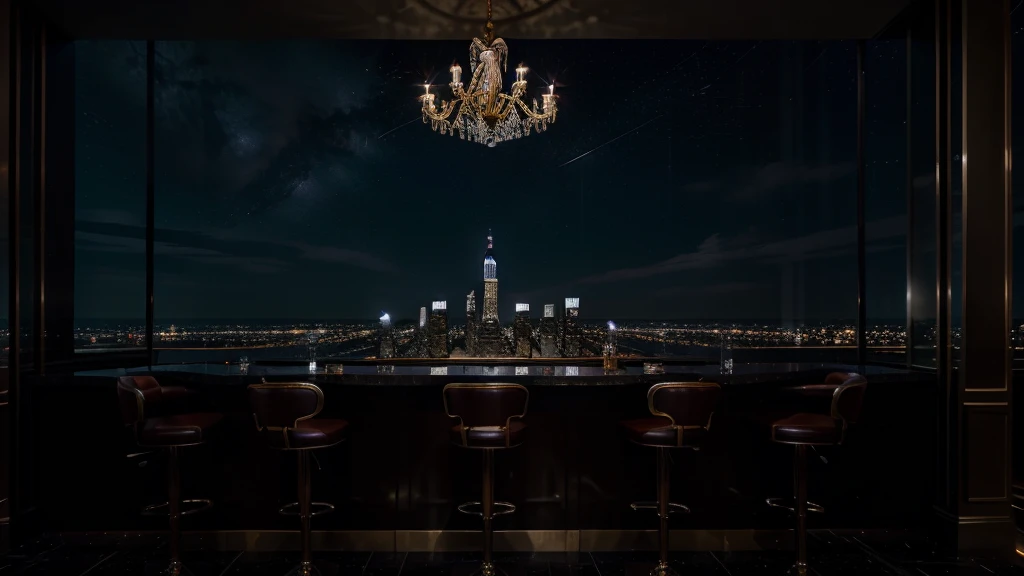 NY night scene luxury bar with big chandelier8K RAW Photography The starry sky spreads outside the room.with empire state building image