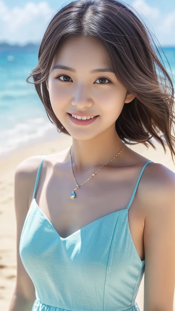 (Top quality, 8K, Masterpiece: 1.3), pull angles, full body, lens used f/2.8, 50mm, camera Sony, beautiful woman, one girl, slender abs: 1.1, long brown hair, (full body, to feet: 1.2), super detailed face, very detailed lips, detailed eyes, double eyelids, Necklace, watch chosen as accessory, cute summer dress, beautiful beach background, very detailed face and skin, detailed eyes, double eyelids, expression best smile."