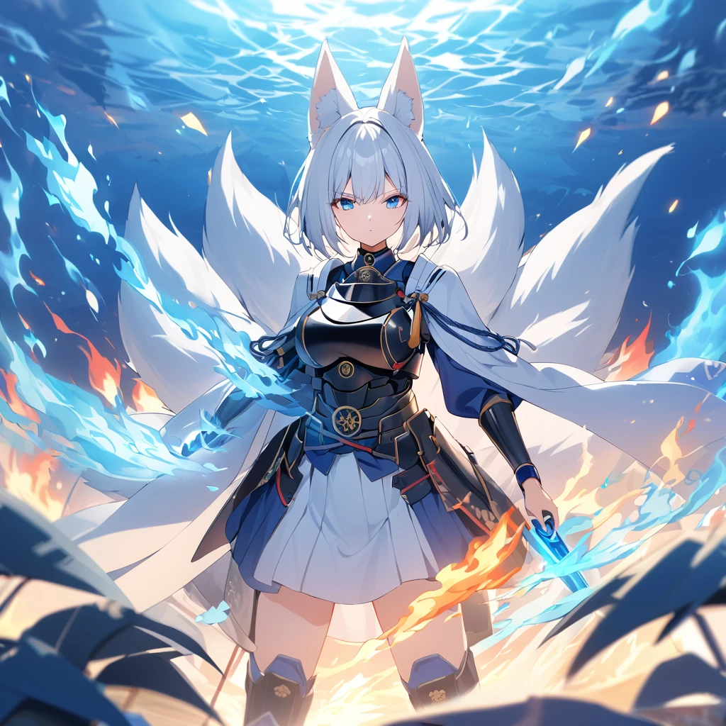 A woman wearing heavy blue armor with white trim, long white fur cape, samurai shoulder pad, metal samurai breastplate, metal boots, samurai bracelet, large breasts, blue flames on hands, blue flames, blue aura of flames, blue eyes emitting flames, white hair, short hair kitsune ear, kitsune tail, multi tail, large white fox in the background, wide sea view
