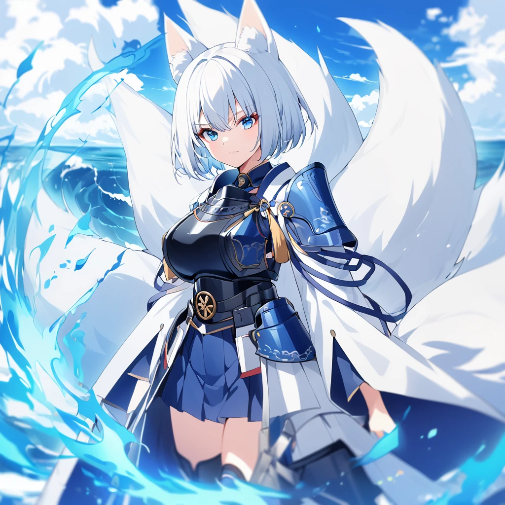 A woman wearing heavy blue armor with white trim, long white fur cape, samurai shoulder pad, metal samurai breastplate, metal boots, samurai bracelet, large breasts, blue flames on hands, blue flames, blue aura of flames, blue eyes emitting flames, white hair, short hair kitsune ear, kitsune tail, multi tail, large white fox in the background, wide sea view
