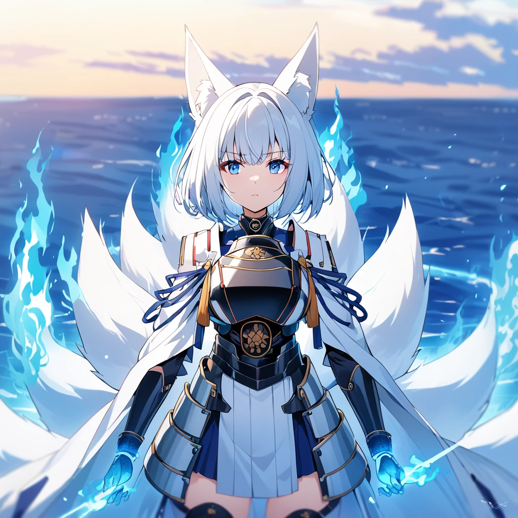 A woman wearing heavy blue armor with white trim, long white fur cape, samurai shoulder pad, metal samurai breastplate, metal boots, samurai bracelet, large breasts, blue flames on hands, blue flames, blue aura of flames, blue eyes emitting flames, white hair, short hair kitsune ear, kitsune tail, multi tail, large white fox in the background, wide sea view
