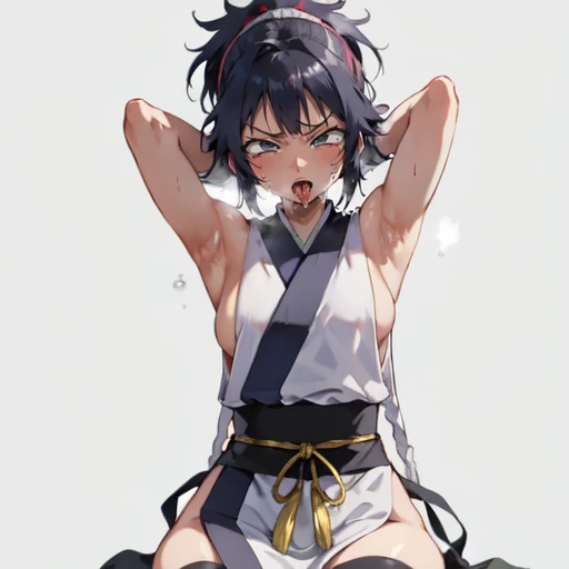 1girl, (ahegao), (masterpiece:1.3), (high resolution), (8K), (extremely detailed), (4k), (pixiv), perfect face, nice eyes and face, (best quality), (super detailed), detailed face and eyes, (solo), textured skin, absurdres, highres, wzkomachine, white eyes, Small breasts, sash, bike shorts, short sleeves, bangs, black gloves, fingerless gloves, long hair, black hair,ponytail, japanese clothes, kimono, sitting on floor, looking at viewer,Nipple exposure,Sexy, flirtatious, Solitary, eternity, - Hip vents, No underwear,No eyeballs, Also available in black, low twin braids,Facing the audience, looking at the audience, tired, from below, (Exposed armpit:1.1), ((armpit:1.2)), sexy, Sweating, More and more sweat,(ahegao), (Roll your eyes), Naughty face, blush, open mouth, Sticking out tongue, saliva, Slobber,Skinny, raise arms, (arms above head:1.5)