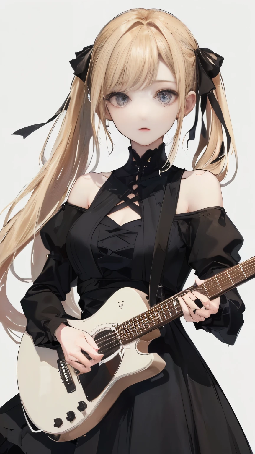 (((White wall background)))、(((Best image quality、8K、Beautiful woman、White wall background)))、guitarist、play the guitar、(((Woman with long hair、blonde、Girly Hairstyles)))、(((Expressionless)))、(((Black Dress、Gothic style dress)))、(((Pure white background)))