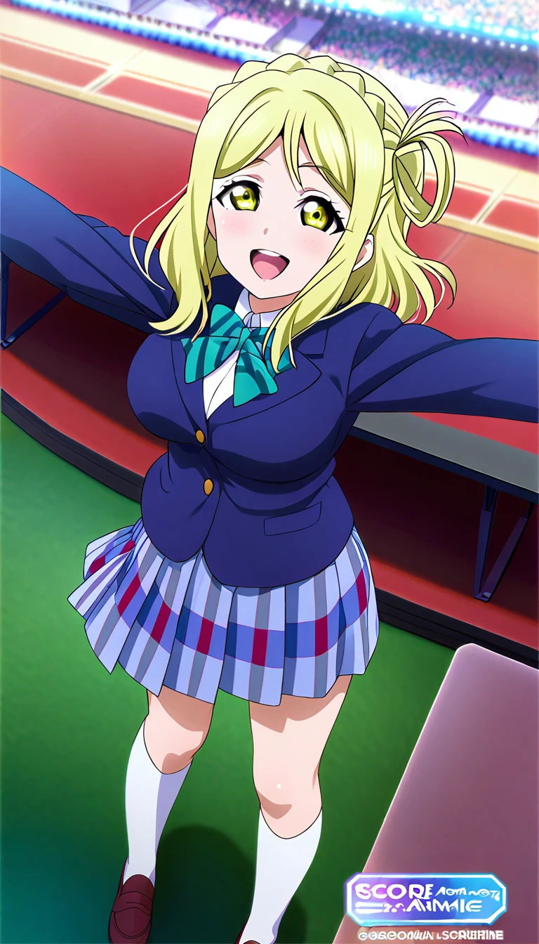 (1girl), (solo),ohara mari, love live! sunshine!, hair rings, blonde hair, yellow eyes, crown braid, medium hair, large breasts , otonokizaka winter uniform, green striped bow tie, navy blue blazer,blue pleated skirt, smile, blush, standing on outdoor stage ,spread arms,from above,:d, knee high socks, ,BREAK score_9, score_8_up, score_7_up, score_6_up, source_anime