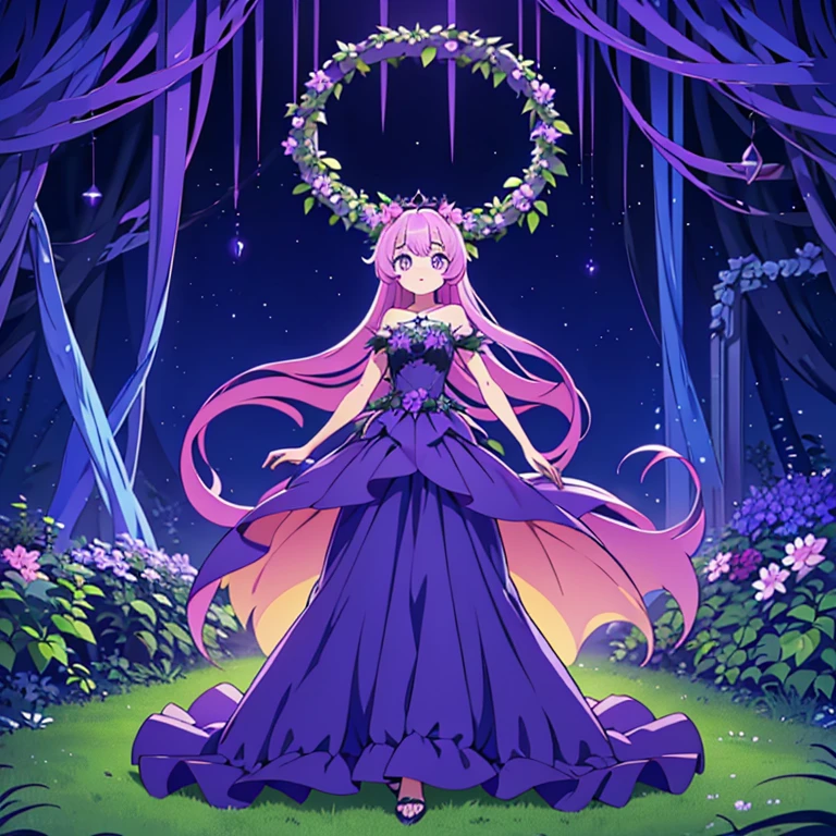 Full body, beautiful eyes , 1 girl  , full body , cute girl , anime style , cute eyes  , (standing up) , ( Noctiflora resembles a large, twisted plant with vines and leaves that seem to move with a life of their own. Its main body is rooted firmly in the ground, but its vine-like appendages can extend to ensnare prey or defend itself. The flowers of Noctiflora are its most striking feature, glowing with an eerie, bioluminescent light in shades of deep purple and blue.) , (ball gown) , crown , hidden legs ,( princess) , (ballgown covers legs)