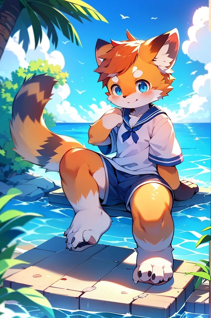 Male Red Panda, Ocean, Appeared wearing a sailor uniform! One in heat, Sitting,fly in the sky，Blue light，Stand on your feet，