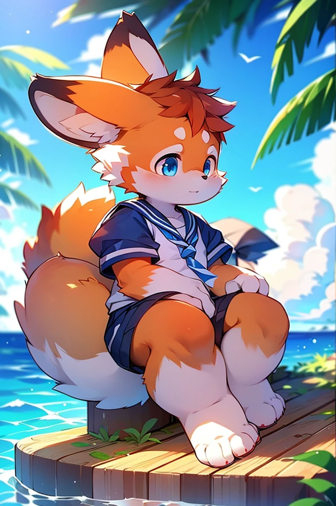 Male Red Panda, Ocean, Appeared wearing a sailor uniform! One in heat, Sitting,fly in the sky,Blue light,Stand on your feet,