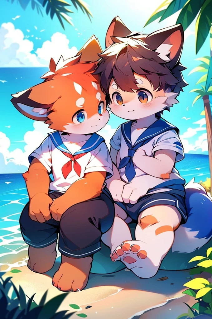 Male Red Panda, Ocean, Appeared wearing a sailor uniform! One in heat, Sitting,fly in the sky,Blue light,Stand on your feet,