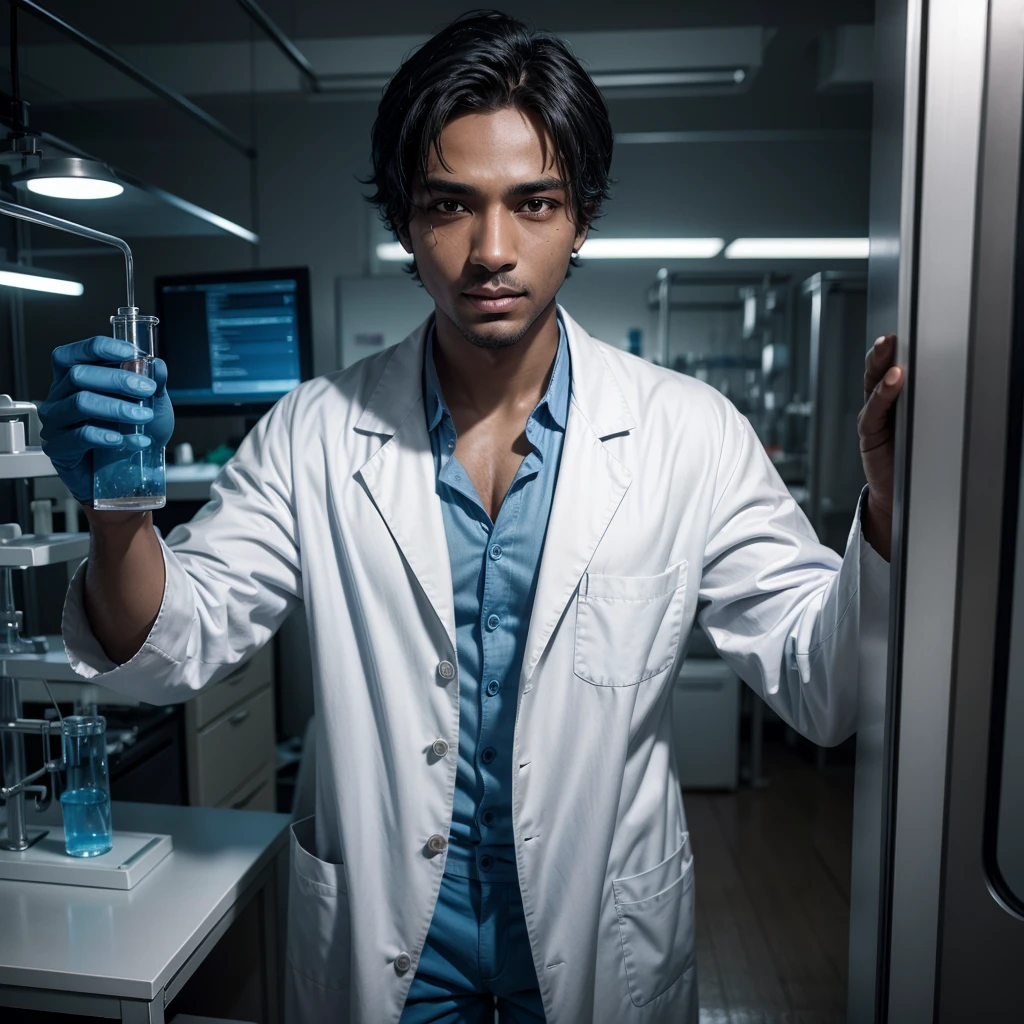 naughty man,dark-skinned,cientist,labcoat,blue pants,laboratory 