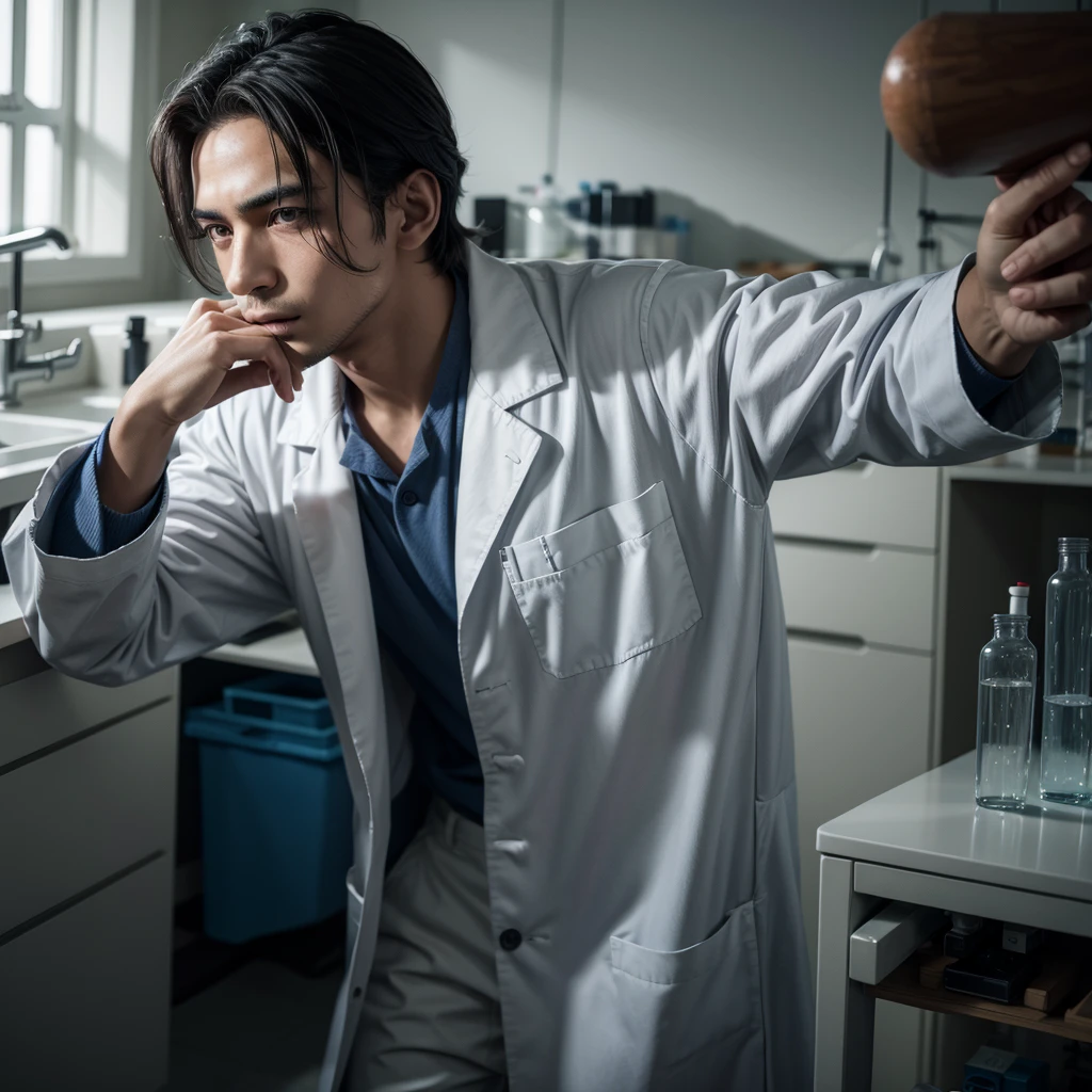 naughty man,dark-skinned,cientist,labcoat,blue pants,laboratory 