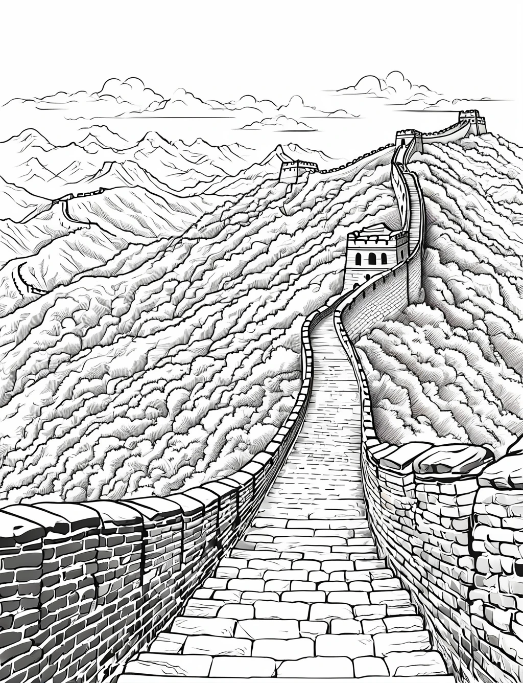 ((A winding section of the Great Wall ), (black and white), (masterpiece), (coloring page), line art drawing, graphic, (simple line art), vector graphics, Clear and Distinct Lines, Varied Line Weights, Smooth curves, Bold outlines, Crisp shapes