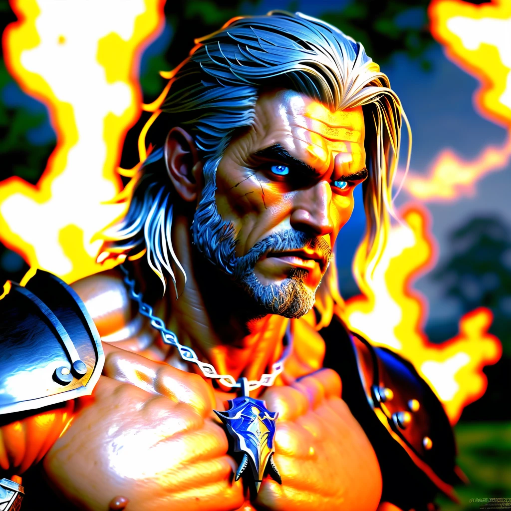 sunset unparalleled "Geralt of Rivia : The Witcher" holding blade,skell,insane Henry-Cavill F/1 Photorealism RAW, Cosmetic artistry massive elaborate amazing composition,lambert and vesemir,(ultra high-quality,ultra highres,epic top masterpiece:1.2),symmetrical ultra-detailed,ultra realistic:1.37,wolf school background,wolf symbol,portrait,ulra sharp focus,physically-based rendering,professional,vivid colors,bokeh,handsome facial features,baltic amber medallion,captivating blue eyes,long silver hair,sculpted muscles,silver sword,ageless face,warrior's scars,dangerous expression,fierce and determined look,dark and mysterious atmosphere,strong presence,eerie glow,stag antler necklace,elegant black leather armor,stormy sky,snow-covered landscape,gloomy forest,wisps of magic in the air,fireflies dancing in the night,full moon illuminating the scene,dramatic lighting effect,detail of chainmail armor,ember-eyed black wolf in the background,grim expression of Vesemir,skeptical gaze of Lambert,silent and imposing Skell,unwavering loyalty to Geralt,expression of camaraderie and trust,swirling mist surrounding them,hint of danger and adventure in the air. Heavy Large Sword invoke fire elemental flmngprsn summon flame ablaze embers hearth beholder bright epiceye embers,ultra-realista, detalhes intrincados,((obra de arte,melhor qualidade)),((Cinematic Light)),hyper realista,assustador,dark fantasia,armadura detalhada,Capacete detalhado,epic realista,desaparecido,((cores neutras)),(HDR:1.5),(cores suaves:1.2),hyper detalhado,luzes quentes, efeito de luz, dramatic light,(detalhes intrincados:1.1),(teal and orange:0.4), (Whirling lightning),(whirlwind of ice snow),(epic tMasterpiece,max best quality,ultra-highdef,ultra-highres),ultra-detailed,ultra sharp focus,varies,multi,nude etc. --v 6 --s 1000 --c 20 --q 5 --chaos 100