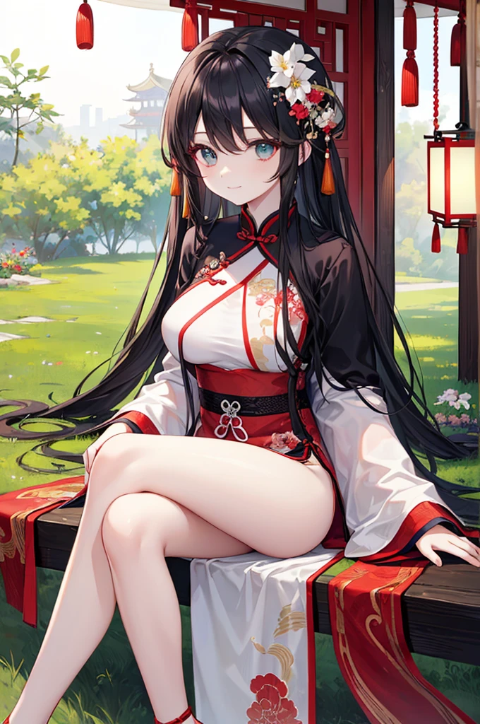 Beautiful Chinese girl,Wearing Hanfu,(transparent),Black long hair,watcher,Upper Body,Sitting on the grass,Lovely,A slight smile on the face,Perfect big breasts,(Slim legs:10.0),Peerless Beauty,Wearing Chinese ancient jade hairpin jewelry,Red leg