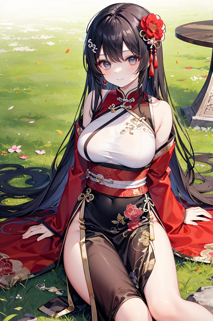 Beautiful Chinese girl，Wearing Hanfu，（transparent），Black long hair，watcher，Upper Body，Sitting on the grass，Lovely，A slight smile on the face，Perfect big breasts，（Slim legs:10.0)，Peerless Beauty，Wearing Chinese ancient jade hairpin jewelry，Red leg