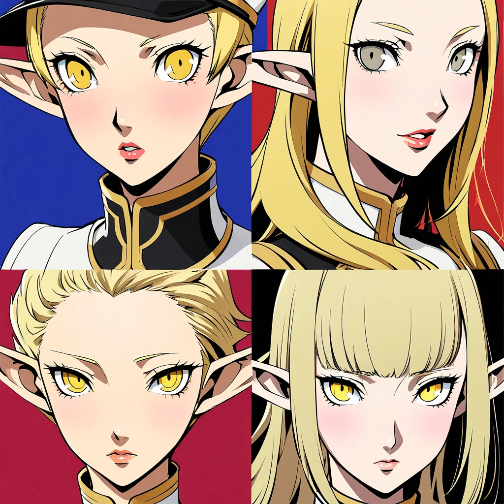 long Blonde hair, gold eyes, ,blonde hair,, {white blazer}}, looking at viewer, blush, {{gold trim}},, elf ear, yellow eyes. portrait, flat cap Dress. portrait, Persona style