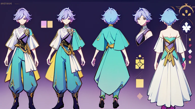 (Masterpiece, best quality), detailed, 1 woman, ((character concept art)), ((character design sheet, same character, front, side, back)), full body, body complete, 1 female, 1 women. Detailed face, character design sheet full body, Highly detailed, character sheet, character design, Many parts, pale skin, green eyes, short purple hair, male hairstyle, short male hair, lavender flower, lavender flower reference, lavender flower character reference, lavender flower inspired, male clothes, flat chest, Solarpunk, Solarpunk reference, Solarpunk inspired outfit, pants, white, gold, lavender, moss green, cyan.
