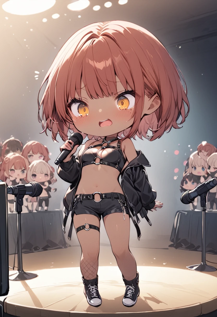 full body,1 girl, (cute:1.3),short red Hair, left eye blue, right eye yellow, tan skin, freckles,｛open sexy clothes, black skirt, Black stockings, long sleeves, chest harness, black shirt, crop top, shorts, Shoes, O-Ring, midriff, off shoulder, medium breasts, thigh strap, shorts, fishnet stockings,Glossy, shiny material, chibi emote, chibi character, chibi, holding microphone, singing into microphone, singing, karaoke, embarrassed expression 