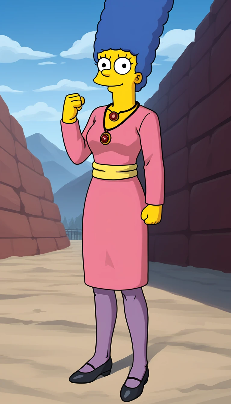 (((marges, blue hair, 1girl, solo, alone, colored skin, yellow skin))), zPDXL flat color, looking at viewer, smile,
white skirt, snow, long sleeves, mountainous horizon, pink dress, standing, white shirt, collar up, yellow sash, full body, purple legwear, pantyhose, black shoes, arms at sides, clenched hands, amulet, necklace ,
sexy pose, dynamic pose, dynamic angle, cowboy shot,
outdoor, day,