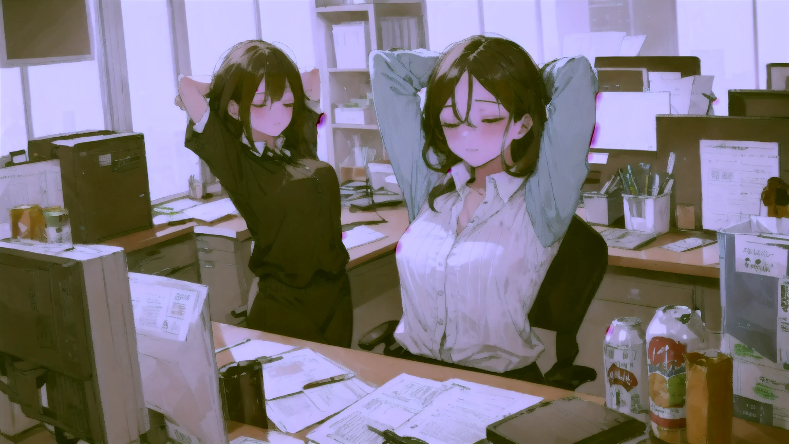 (masterpiece, best quality, ultra detailed), 1girl, solo, mature woman, turn one's face away, looking away, half-closed eyes, furrowed brow, (Bags under eyes:1.1), office lady, frills collared blouse, pants, office, early morning, desk, sitting chair, wakeupstretch, (stretching, arm behind head:1.2), closed mouth, sidelighting, Clutter-Home, energy drink can,