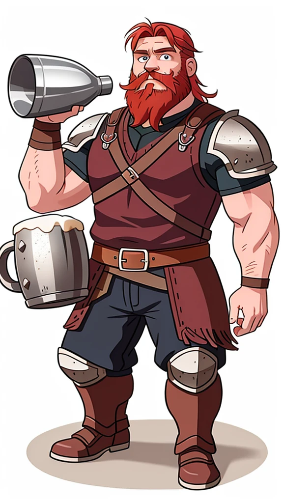 Ingólfr Einarr is a 40-year-old red-haired Viking man with a full beard, outgoing, muscular and very attractive, who wears his imposing medieval armor. hyper detailed and super realistic. cartoon style. Ingólfr Einarr raising a beer mug and shouting skol. White background