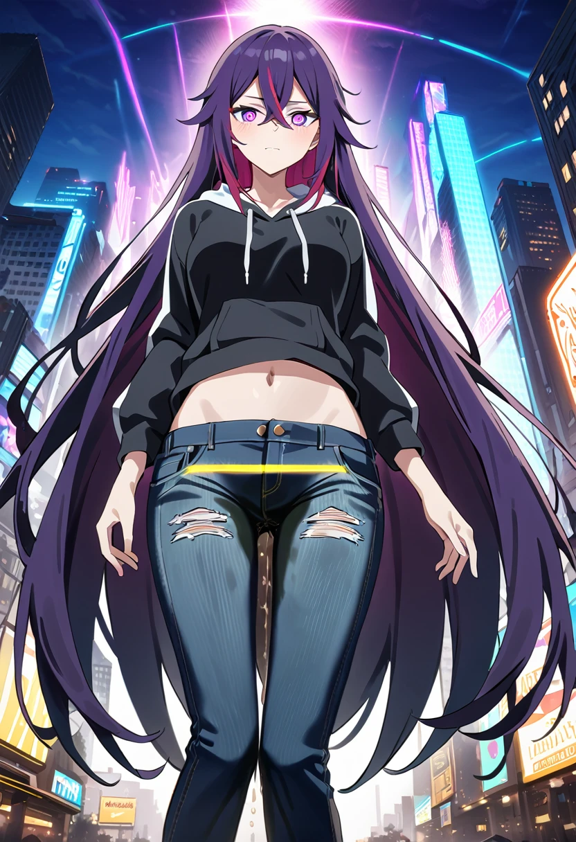 (masterpiece:1.37), best quality, (extremely detailed:1.37), woman, (very long hair:1.5), dark purple hair, purple eyes, (extremely detailed eyes:1.37), hoodie, navel, jeans, open fly, desperation, (wetting: self 3.0), standing, city, futuristic, neon lighting, high-tech