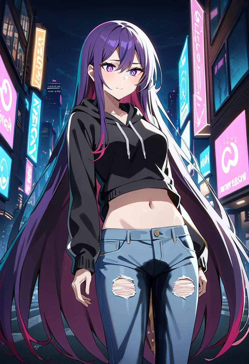 (masterpiece:1.37), best quality, (extremely detailed:1.37), woman, (very long hair:1.5), dark purple hair, purple eyes, (extremely detailed eyes:1.37), hoodie, navel, jeans, open fly, desperation, (wetting: self 3.0), standing, city, futuristic, neon lighting, high-tech