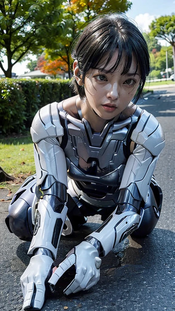 Textured skin, Very detailed, Attention to detail, high quality, 最high quality, High resolution, 1080P, hard disk, beautiful,(bare hands),beautiful cyborg middle aged woman,Mecha Cyborg Girl,(damaged armor)((Major damage)),Woman with a mechanical body、She is wearing a futuristic combat weapon mecha,Full Body Shot、、it hurts、Excessive sweating on the face、cute、Boyish short hair、Lying on the ground、(Very cracked outfit)(Smoke from the whole body)、appear、Black Hair、My whole body was injured.、Smoke comes from the whole body)、(fall face down on the ground) Character Focus　centering