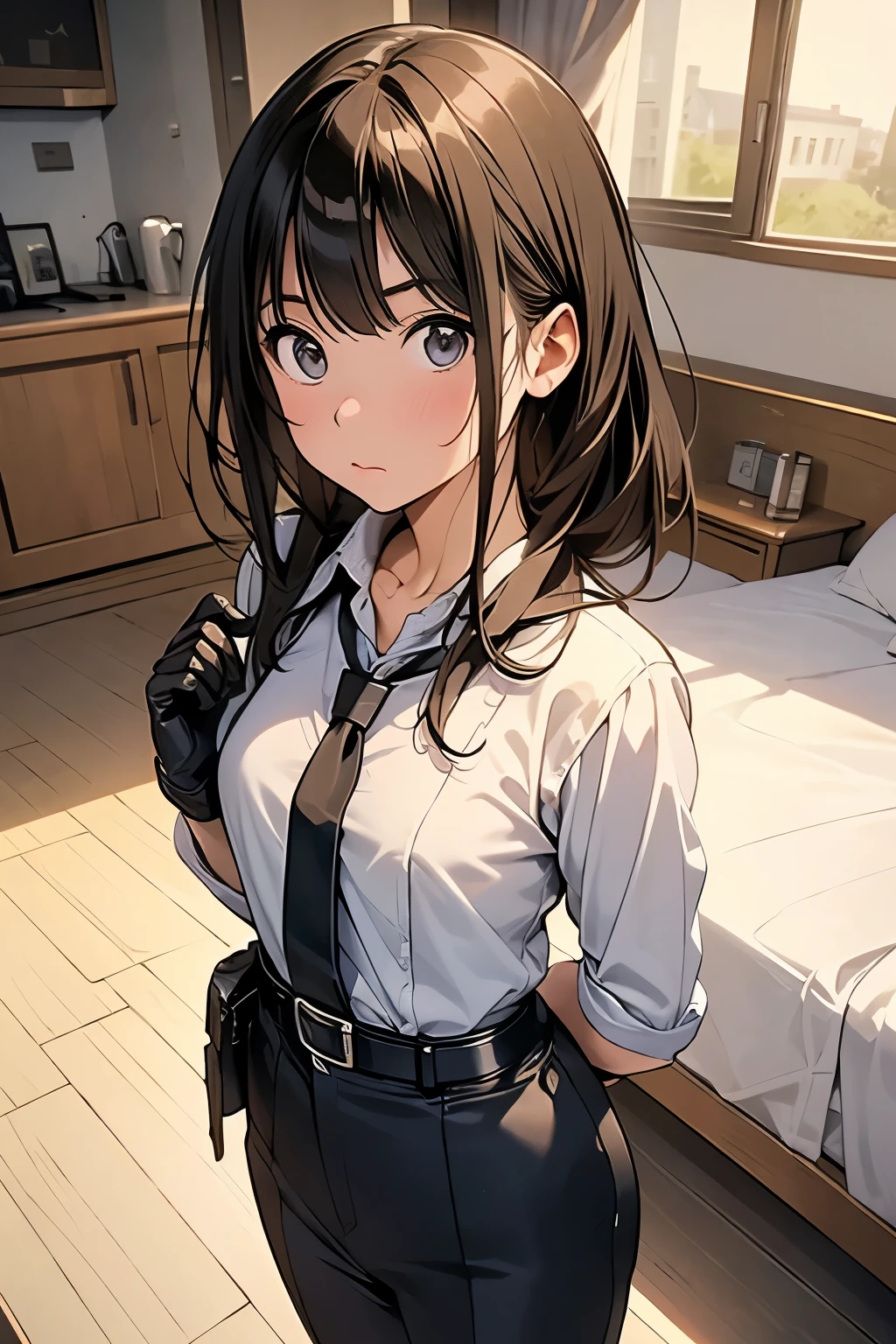 high quality, masterpiece, Ultra-high resolution, (realism: 1.4), Oil painting style, Cinema Lighting, An endless grassland dotted with a few houses, I stood on the empty asphalt road and looked at it., Fairy Mountain々was shrouded in mist, And the suspenders with the cranes flying Moderate breasts Small face holster Lying in bed Looking up Sweat belt summer 脇Sweat Black Hole Gloves suit shirt Black jacket Black trousers Leg Links ズボンにbelt holster Hands behind your back Anxious expression Looking up Anxious face