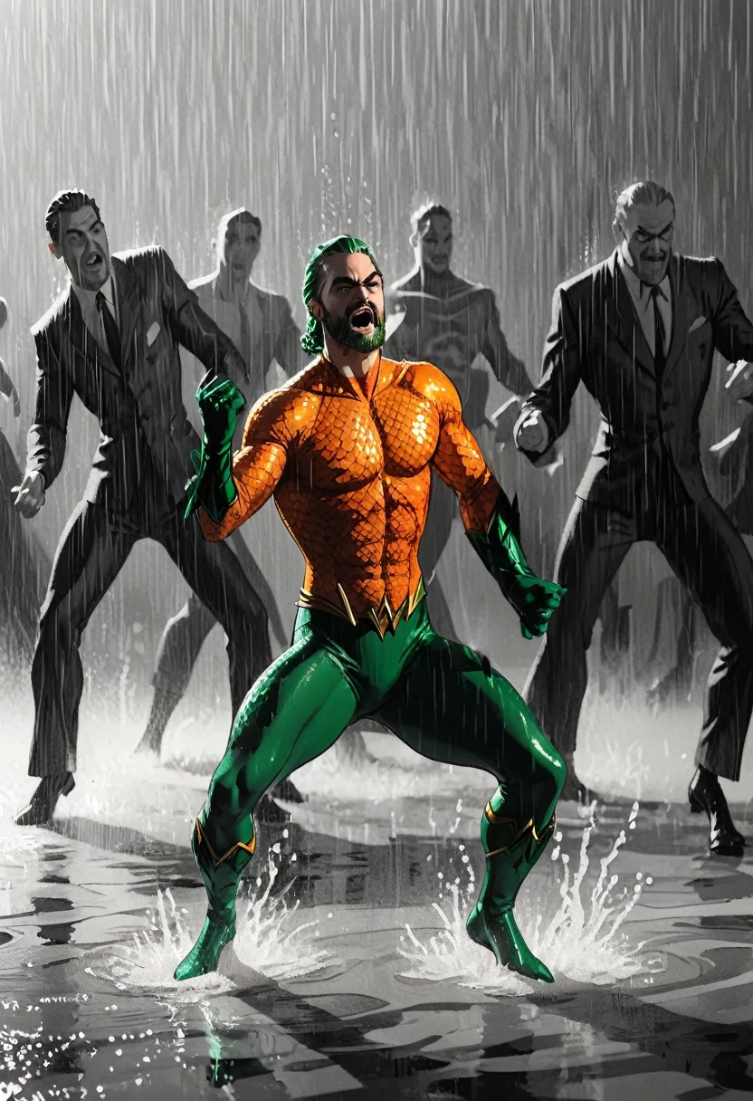 illustrate aquaman dancing stanky boogie in the rain, (vintage green and orange hero aquatic suit), A black and white world, each drop of rain unleashes a ripple of color, bringing color to this otherise mundane world, color reverberating out from each raindrop as it makes contact with the ground, sublte coloring to enrich the black and white image, rich color grading, sense of depth, shading and shadows  (random wild weird dall-e), webcomic, beyond weird, hyper maximal, utterly strange, too weird, unknown, **wordless** strangely dancing aquaman, purely maximal blissed, elated, contortion, stretched skewed, outlandish, odd, weird, absurd, zany, silly, contorted, unhinged, stylish illustration in the style of Joelle Jones of vintage classic sea hero aquaman dancing a stanky boogie dance, warm color grading, cinematic coloring lighting texture, 1940's watercolor background
