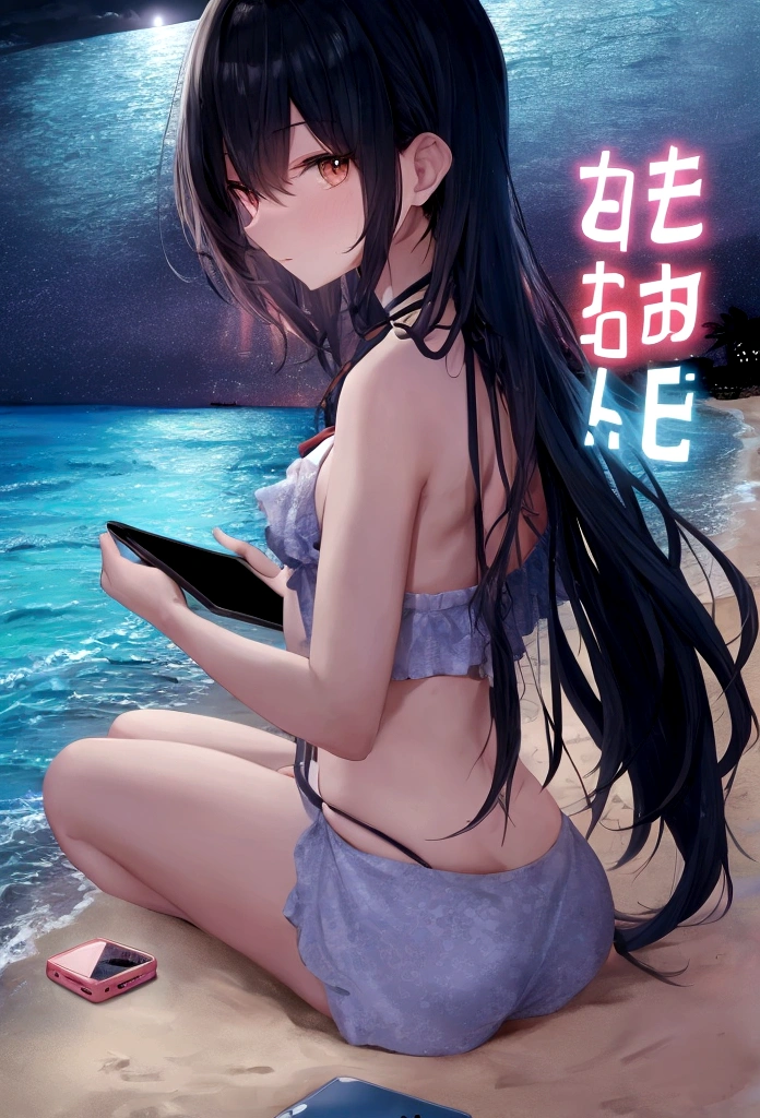 Night Beach　male　Backwards　Looking at smartphone
