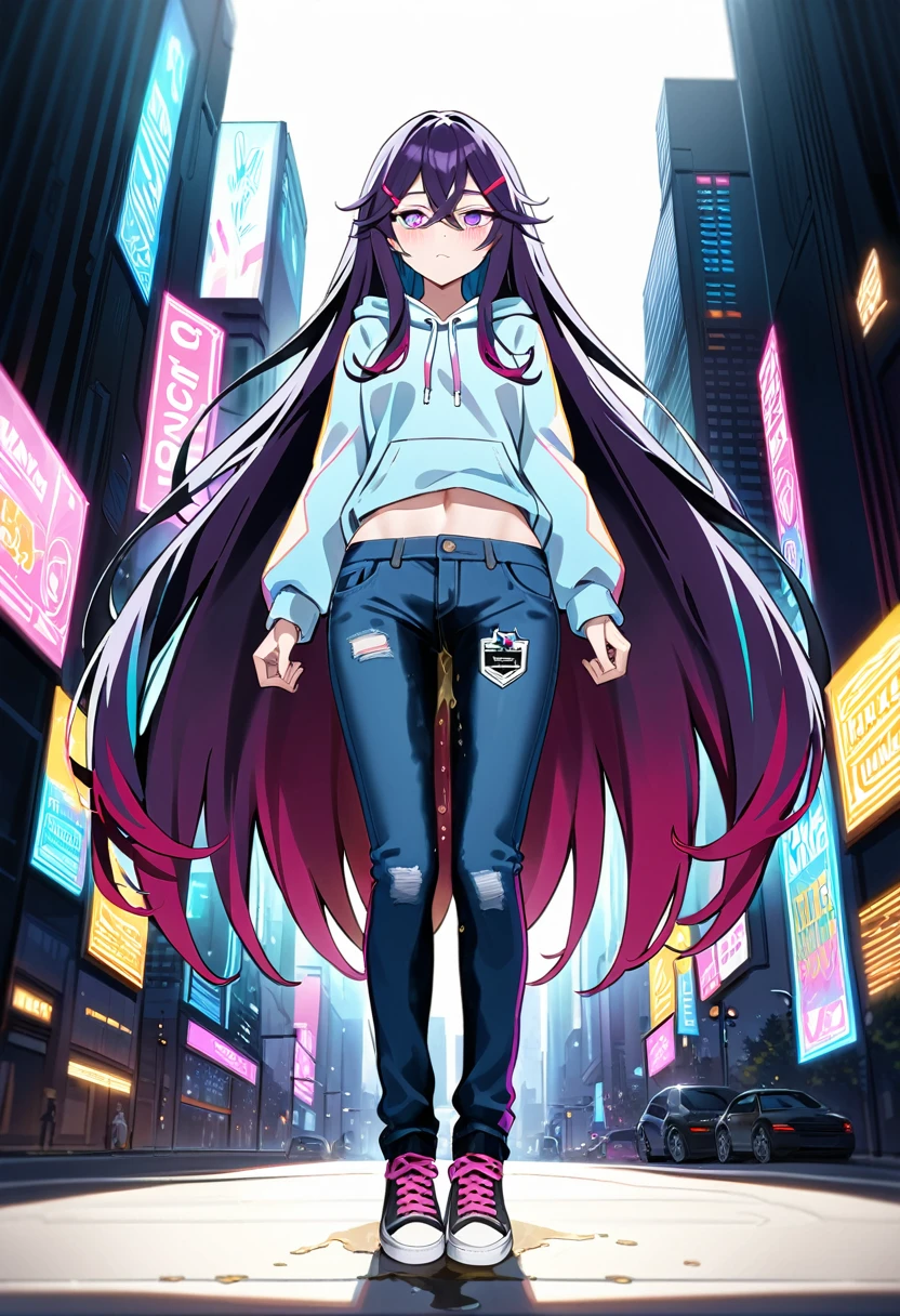 (masterpiece:1.37), best quality, (extremely detailed:1.37), woman, (very long hair:1.5), dark purple hair, purple eyes, (extremely detailed eyes:1.37), hoodie, navel, jeans, open fly, desperation, (wetting: self 3.0), standing, city, futuristic, neon lighting, high-tech
