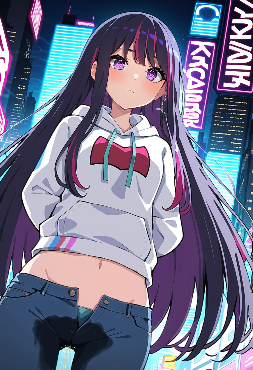 (masterpiece:1.37), best quality, (extremely detailed:1.37), woman, (very long hair:1.5), dark purple hair, purple eyes, (extremely detailed eyes:1.37), hoodie, navel, jeans, open fly, desperation, (wetting: self 3.0), standing, city, futuristic, neon lighting, high-tech