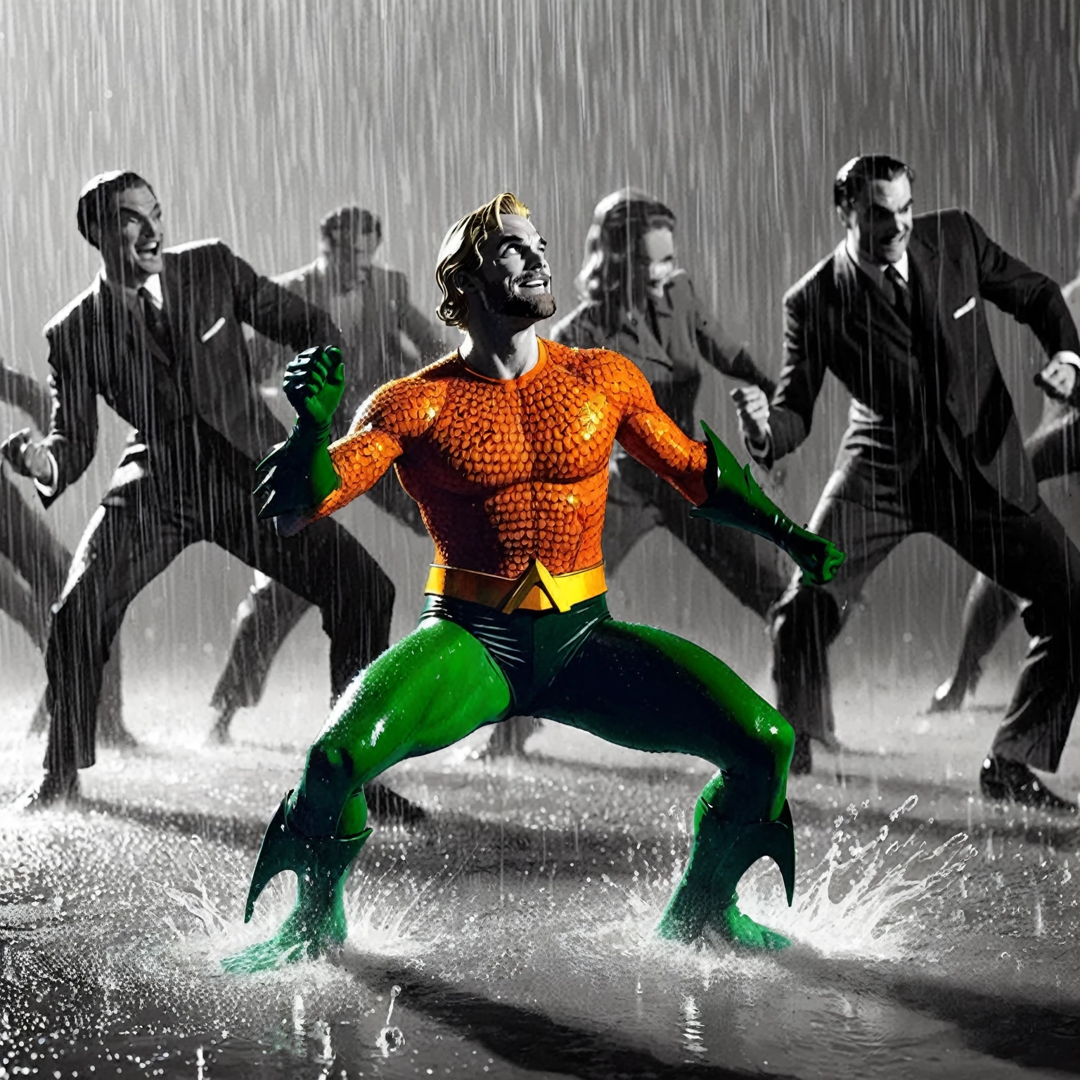 illustrate aquaman dancing stanky boogie in the rain, (vintage green and orange hero aquatic suit), A black and white world, each drop of rain unleashes a ripple of color, bringing color to this otherise mundane world, color reverberating out from each raindrop as it makes contact with the ground, sublte coloring to enrich the black and white image, rich color grading, sense of depth, shading and shadows  (random wild weird dall-e), webcomic, beyond weird, hyper maximal, utterly strange, too weird, unknown, **wordless** strangely dancing aquaman, purely maximal blissed, elated, contortion, stretched skewed, outlandish, odd, weird, absurd, zany, silly, contorted, unhinged, stylish illustration in the style of Joelle Jones of vintage classic sea hero aquaman dancing a stanky boogie dance, warm color grading, cinematic coloring lighting texture, 1940's watercolor background
