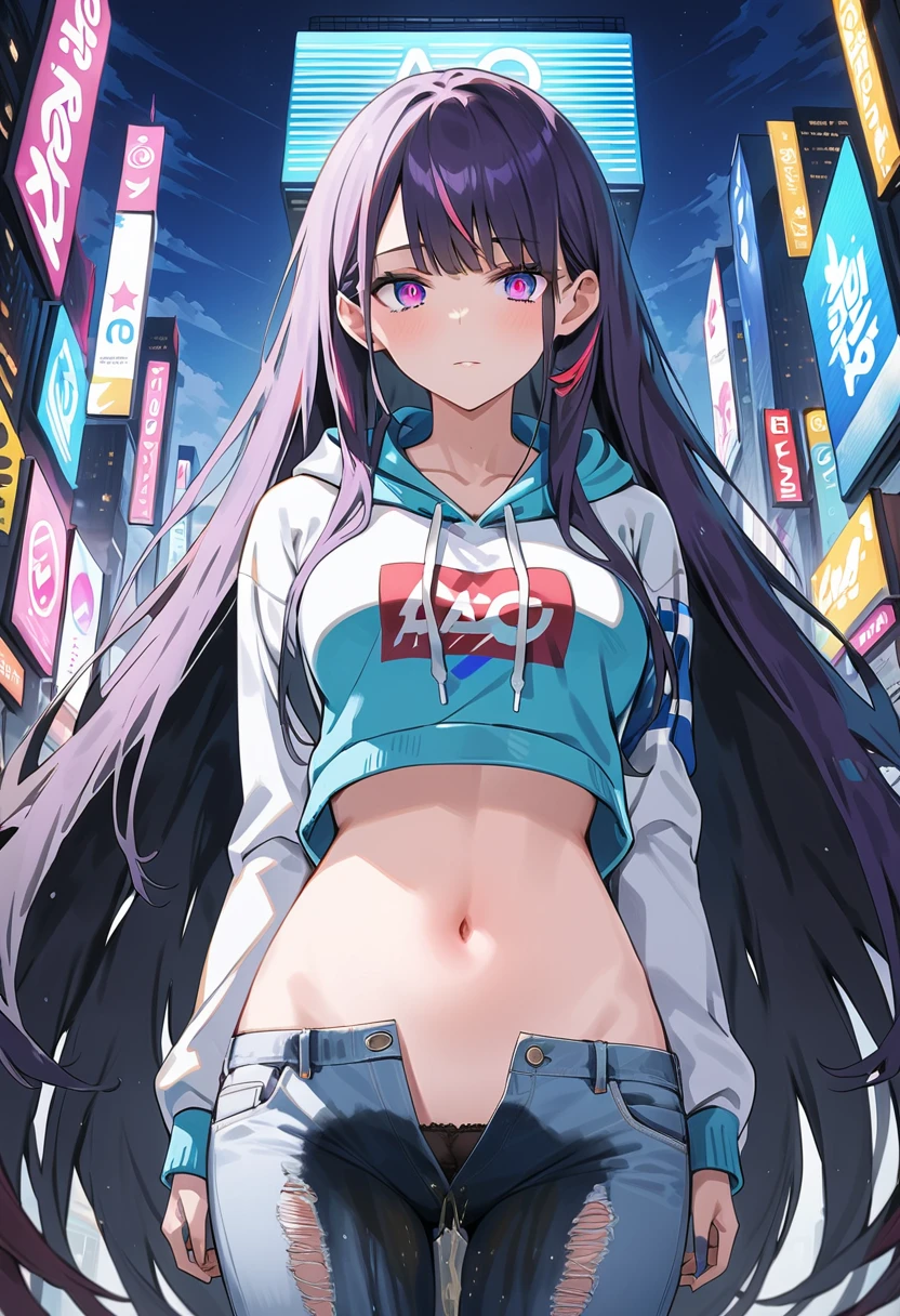 (masterpiece:1.37), best quality, (extremely detailed:1.37), woman, (very long hair:1.5), dark purple hair, purple eyes, (extremely detailed eyes:1.37), hoodie, navel, jeans, open fly, desperation, (wetting: self 3.0), standing, city, futuristic, neon lighting, high-tech